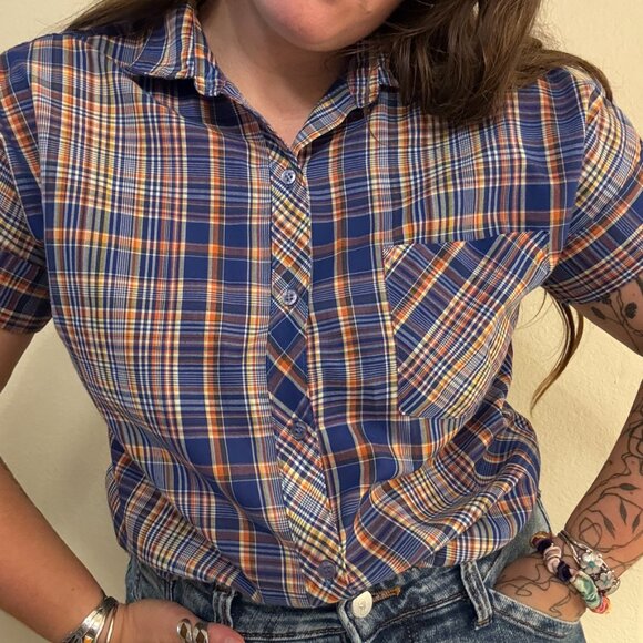 Vintage 70s Felive Blue Short Sleeve Check Plaid Button Down Shirt Large - Picture 10 of 10